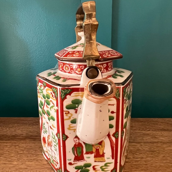 Vintage Japanese Stoneware Hexagon Teapot Brass Handle Chinoiserie People Trees - Picture 4 of 10